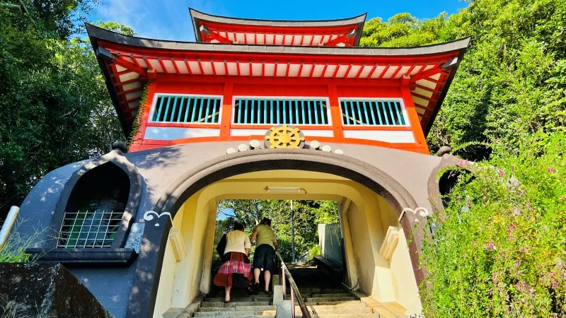 津照寺へ猫が行く! 本堂へつながる階段を登ると海が一望できてる絶景
