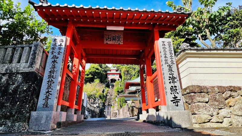 津照寺へ猫が行く! 本堂へつながる階段を登ると海が一望できてる絶景