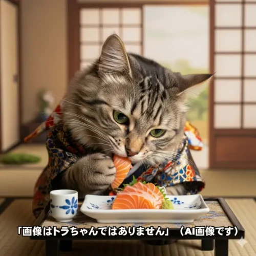 お魚釣って来てくれて鮮度抜群のお刺身でトラちゃんはご満悦